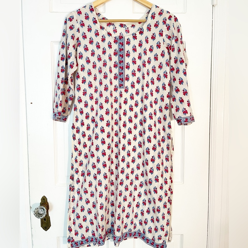 Floral Long Sleeve Tunic Dress with Side Slits Size Small Cotton Tunic Cover Up